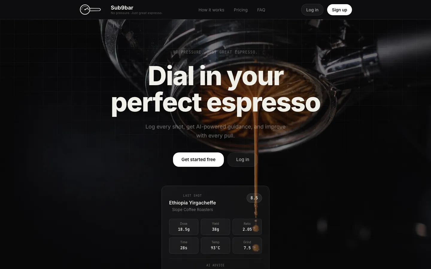 Portada de sub9bar.com con el titular «Dial in your perfect espresso» sobre la foto de un espresso cayendo.
